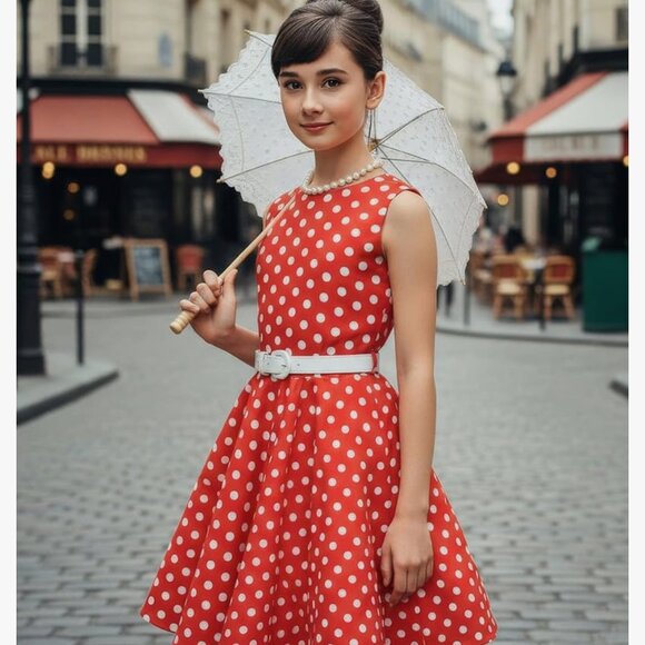 Girls Size 14 Vintage 50's Red & White Polka Dot Dress + TONS OF RHINESTONES - Picture 2 of 5